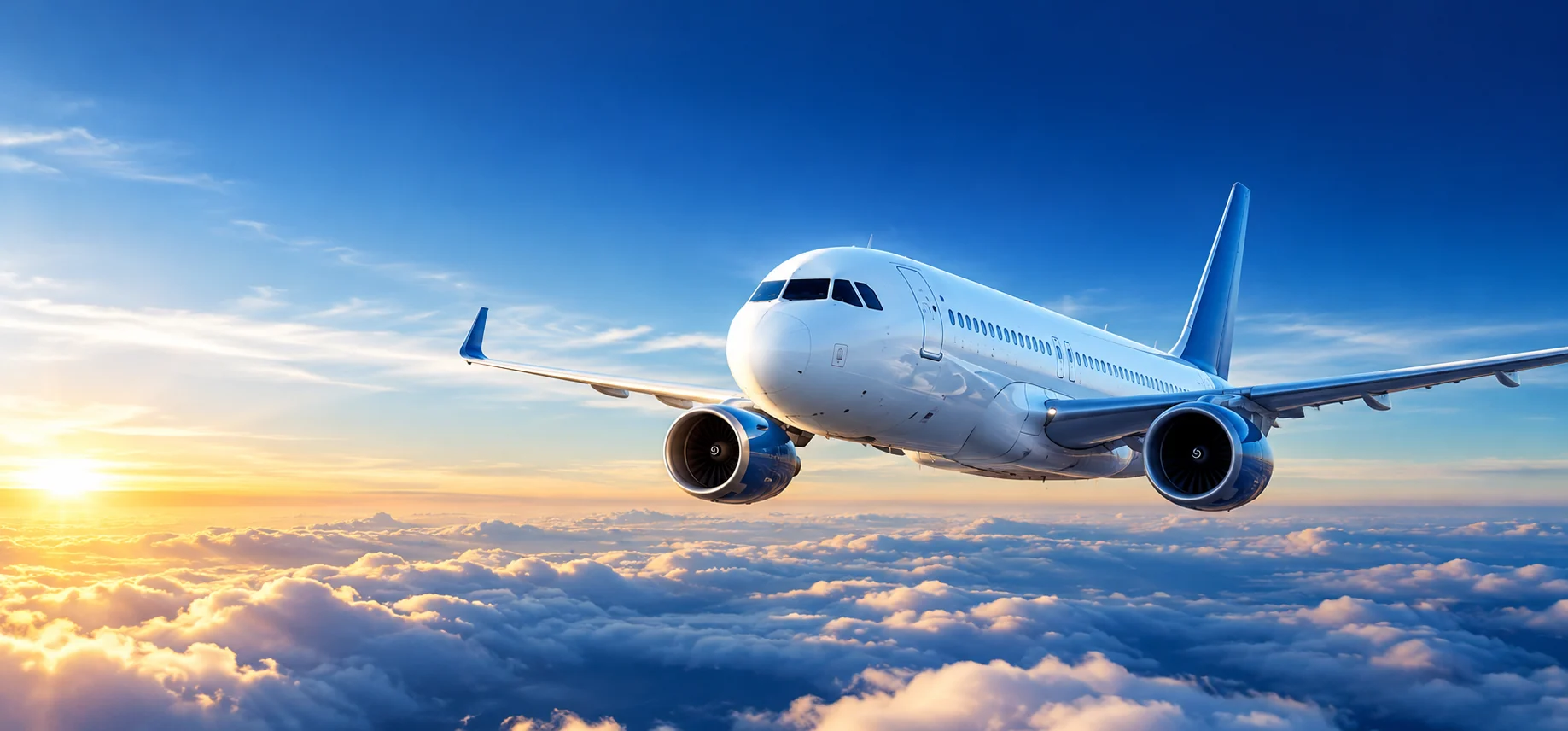 Passenger aircraft above clouds in a blue sky at golden hour
